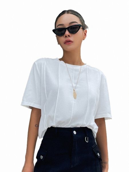 

women's t-shirt dazy seam detail round neck tee 52jj#, White