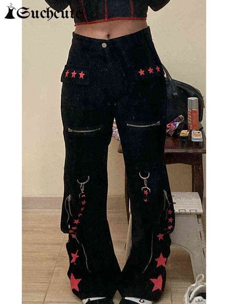 

women's jeans suchcute gothic bandage jeans women dark academic low waist wide leg pant harajuku vintage emo hip hop denim trousers pun, Blue