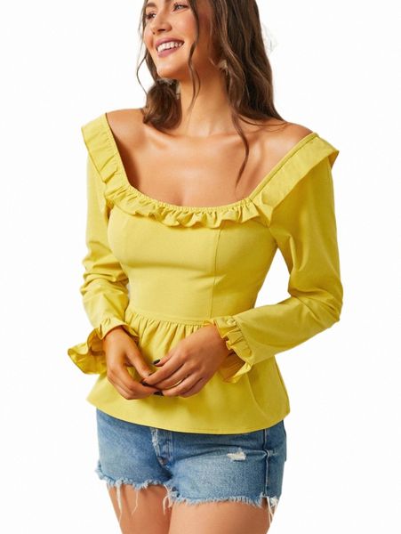

women's blouses & shirts sbetro solid ruffle trim blouse g2u4#, White