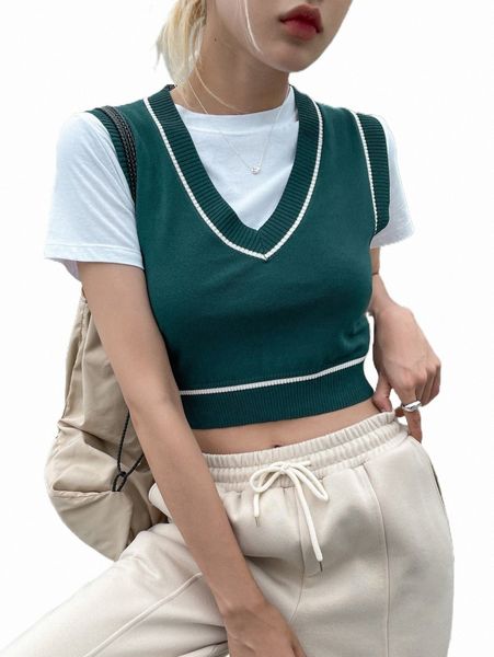 

women's sweaters dazy 1pc striped trim v-neck crop sweater vest c2lc#, White;black