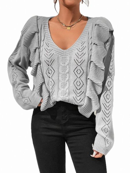 

women's sweaters ruffle trim pointelle knit drop shoulder sweater q9dh#, White;black