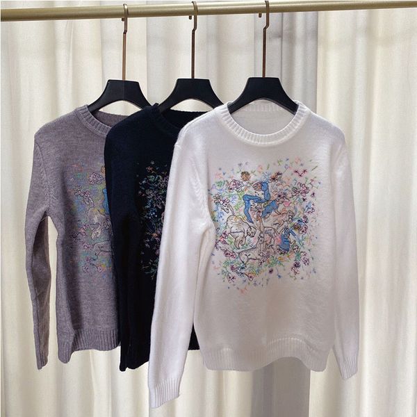 

2022 new luxury brand women's sweaters knitting pullover women fashion sweater o-neck long sleeve embroidery bird soft casual jumper, White;black