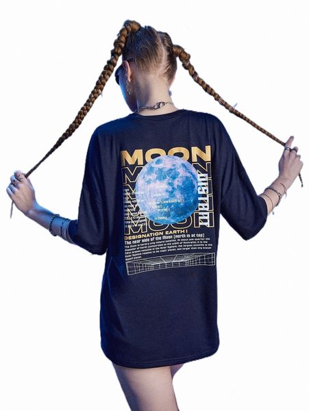 

women's t-shirt romwe cyber luvr slogan planet graphic oversized tee r3wy#, White