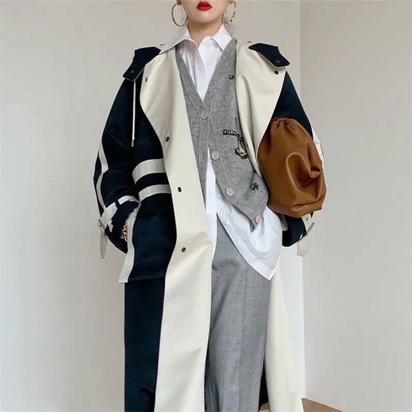 

women's trench coats spring autumn mid-length splicing contrast color hooded windbreaker with sashes lapel long sleeve elegant female w, Tan;black