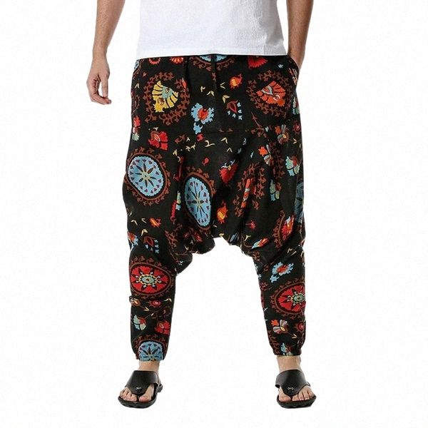 

men's pants men harem pants drop crotch pockets joggers printed casual trousers loose hip hop baggy korean cotton wide leg men's c, Black