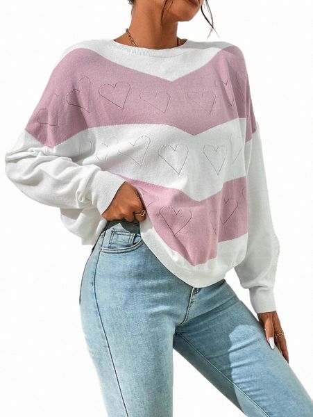 

women's sweaters colorblock heart pattern drop shoulder sweater n9y4#, White;black