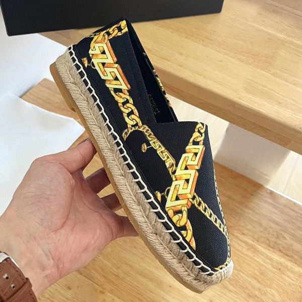 

canvas printed chain shoes loafers espadrilles vintage platform 100% leather woman shoes pure hand womans flats luxury spring size 35-41, Black