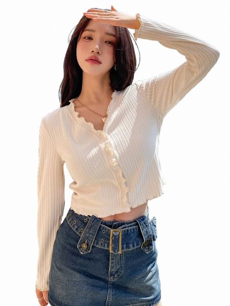 

women's t-shirt dazy lettuce trim button front crop tee m6pf#, White