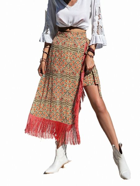 

skirts rusttydustty floral print asymmetrical fringe trim skirt l98e#, Black