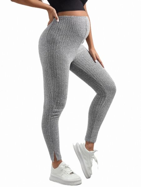 

plus size pants maternity split hem ribbed knit leggings y44g#, Black