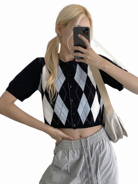 

women's sweaters dazy argyle pattern crop knit i3mi#, White;black