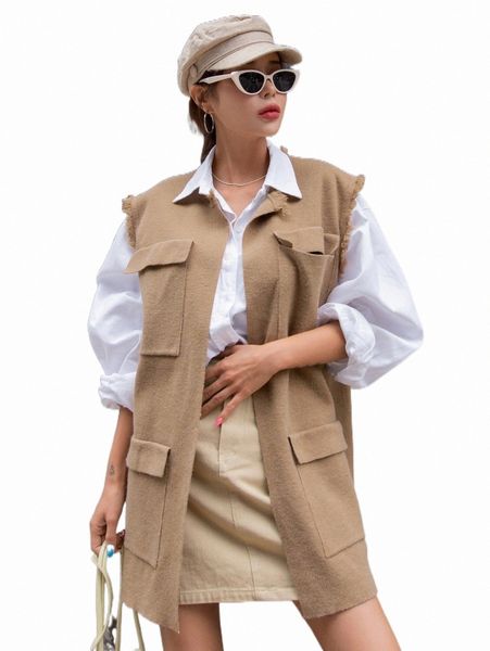

women's sweaters dazy flap pocket distressed vest cardigan p6um#, White;black