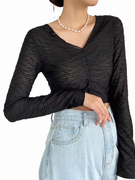 

women's blouses & shirts dazy solid ruched v neck crop m8n2#, White