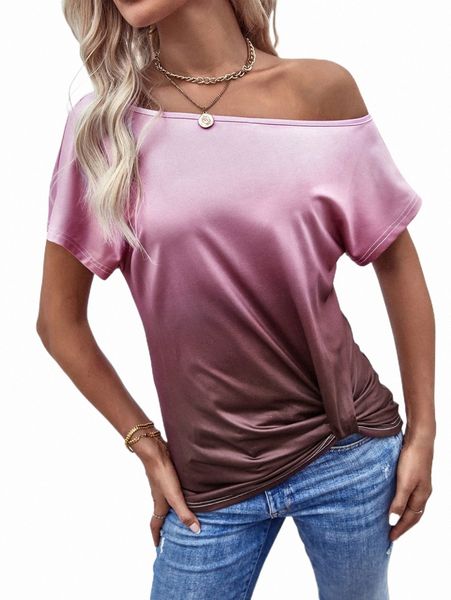 

women's t-shirt ombre asymmetrical neck twist hem tee v85w#, White