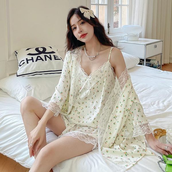 

lace sleepwear pajamas set satin homedress sleep suit woman cami shorts, Black;red