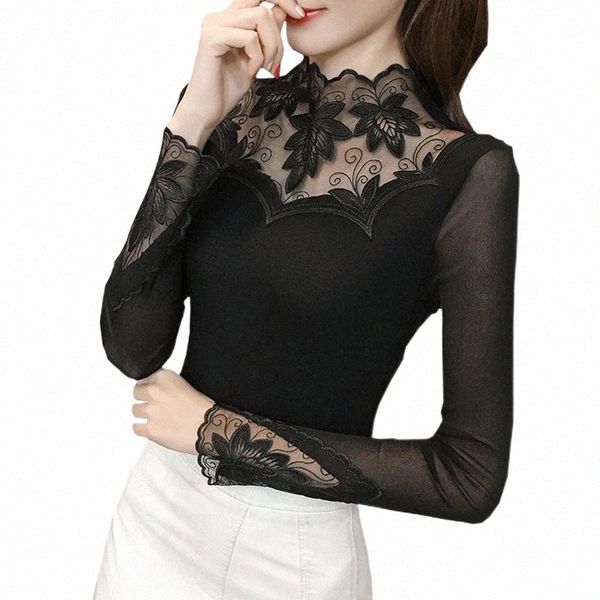 

women's blouses & shirts lace embroidery blouse shirt long sleeve autumn winter fashion 2021 mesh women blouses elastic basic shirts wo, White