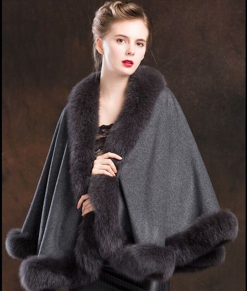 

real cashmere and wool cape scarves shawls coat with fox fur trim ponchos/shawl/wrap/cloak, Blue;gray