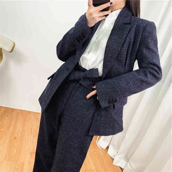 

women's suits blazers french single autumn winter british style pattern waist closed one button suit set, White;black