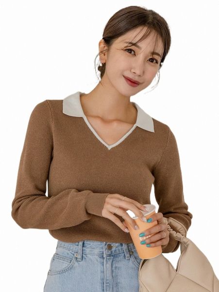 

women's sweaters dazy contrast collar ribbed knit sweater g5v4#, White;black