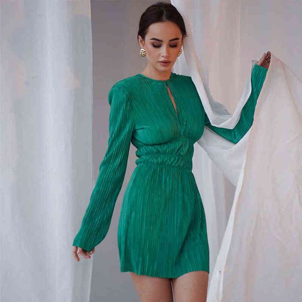 

2022 miyak pleated high waist slim mini dress women long sleeve round neck solid fashion female black green chic party dresses t220819, Black;gray