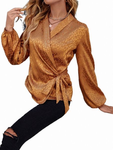

women's blouses & shirts leopard jacquard satin wrap blouse 795e#, White