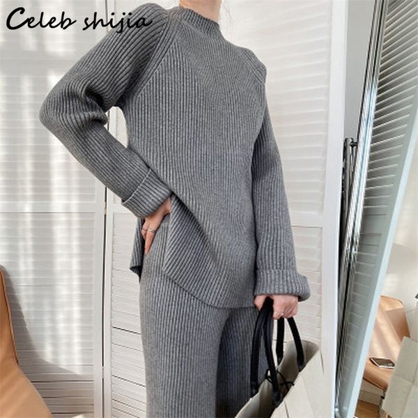 

womens two piece pants soft winter woolen pant sets woman gray oneck sweater and high waist pants korean loose warm knitted 2 piece sets aut, White
