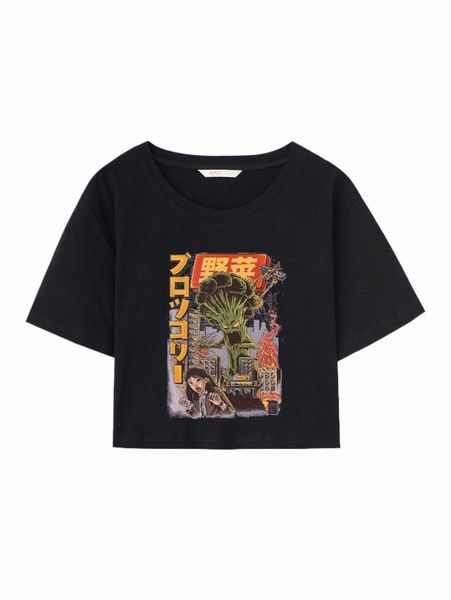

women's t-shirt romwe x ilustrata cartoon & figure graphic crop tee x78a#, White