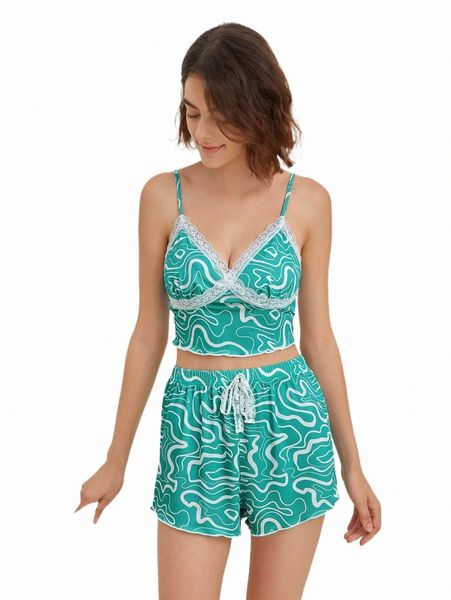 

women's sleepwear allover print contrast lace tie waist pj set v949#, Black;red