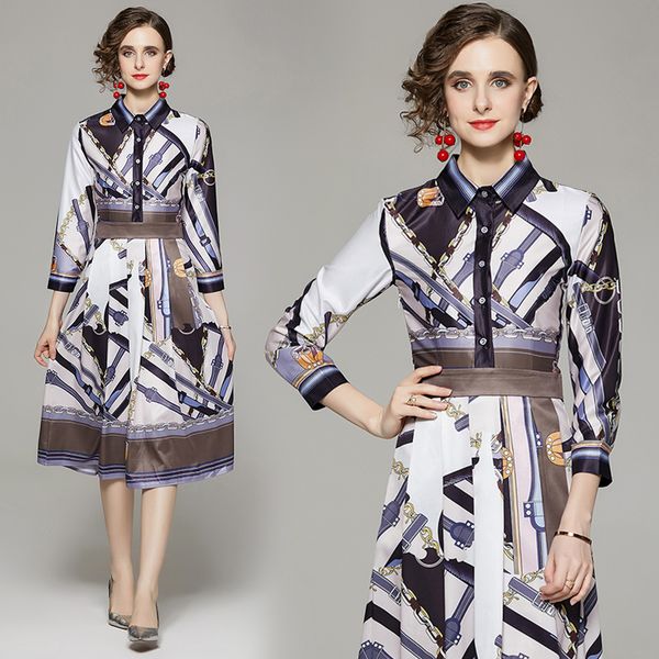 

2022 vintage print lapel button shirt dress long sleeve women designer midi dresses spring autumn office lady pleated casual frocks fine ele, Black;gray