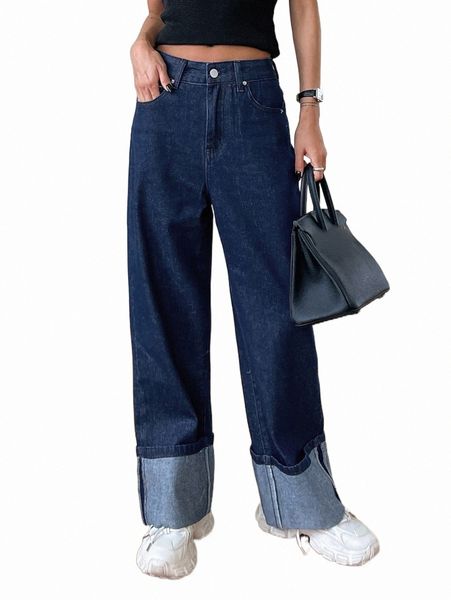 

women's jeans dazy high waist folded hem straight leg jeans 833a#, Blue