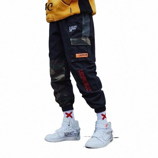 

men's pants camo harem pants men camouflage patchwork side hip hop cargo jogger pant casual baggy streetwear hipster track trouser men&, Black