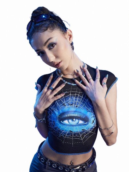 

women's t-shirt romwe cyber luvr eye print cap sleeve crop tee u8zs#, White