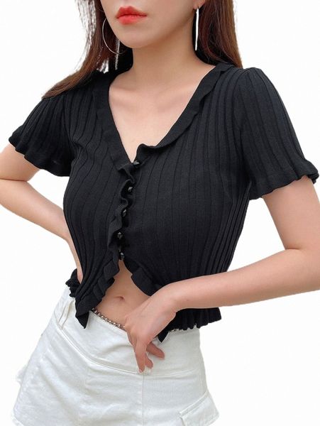 

women's sweaters dazy ruffle trim ribbed knit cardigan p5xi#, White;black
