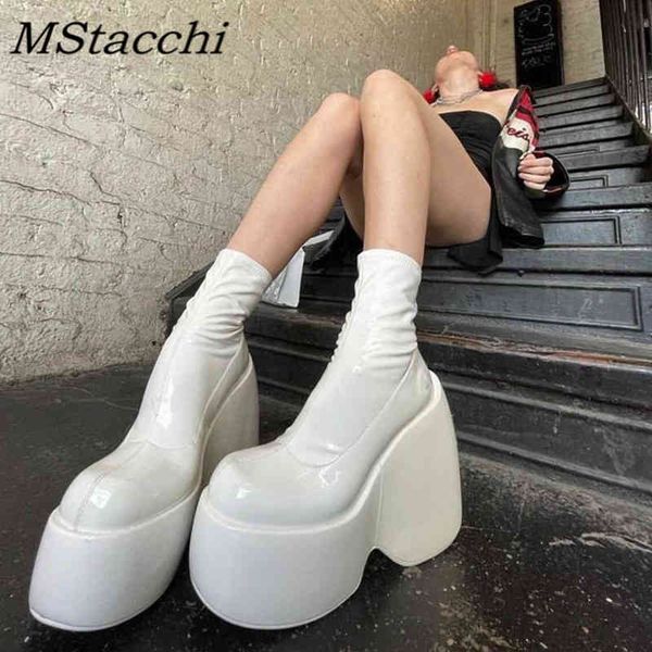 

boots women platform boots elastic stretch thick bottom shoes high heels shining leather chaussure femme women's ankle 220906, Black