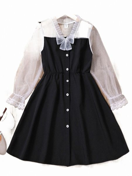 

others apparel girls contrast mesh flounce sleeve dress j6jf#, Black;white
