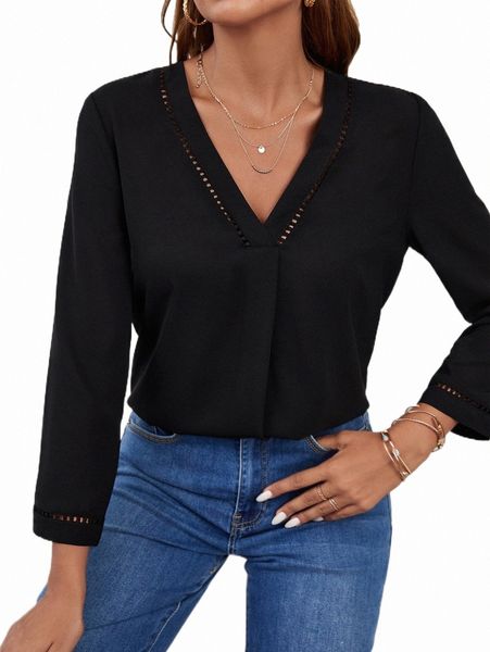 

women's blouses & shirts contrast lace v neck solid blouse 73l6#, White