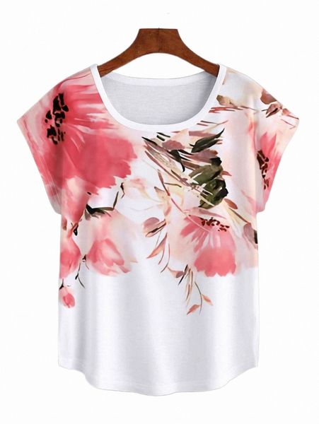 

women's t-shirt floral print batwing sleeve tee o6gz#, White