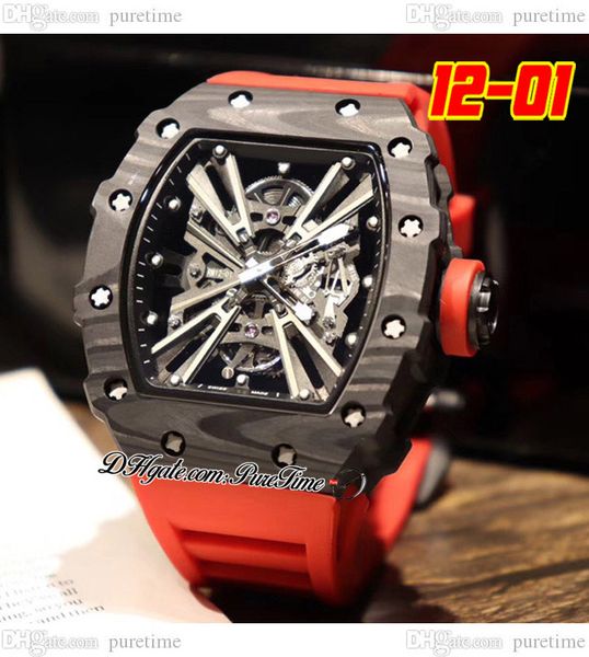 

2022 12-01 miyota automatic mens watch ntpt black carbon fiber case skeleton dial big date red crown rubber strap 6 styles watches puretime, Slivery;brown