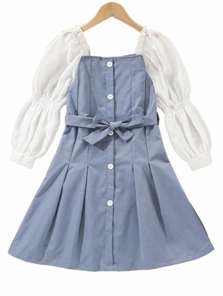 

others apparel girls colorblock gathered sleeve belted dress r1pl#, Black;white