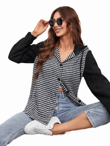 

women's down & parkas houndstooth print drawstring hooded overcoat p6cg#, Black
