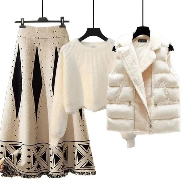 

two piece dress spring 3 piece set women long sleeve sweater knitted crop aline elastic waist skirt sets lamb wool vest tracksuit 220906, White