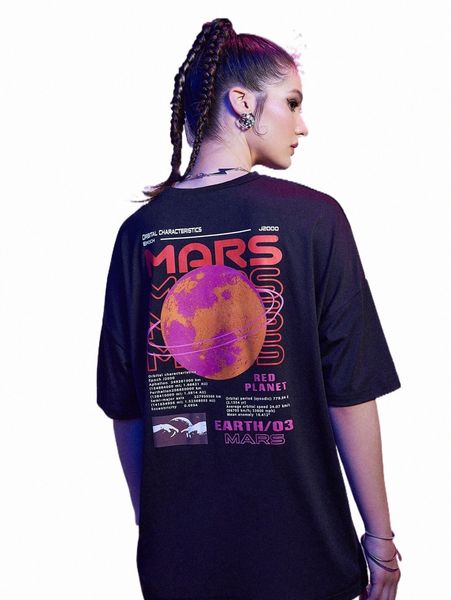 

women's t-shirt romwe cyber luvr letter planet graphic oversized tee 76f2#, White
