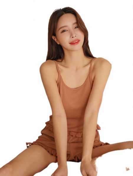 

women's sleepwear dazy rib frill trim pajama set x4ih#, Black;red