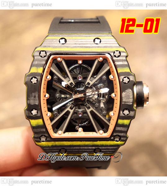 

2022 12-01 miyota automatic mens watch ntpt black yellow carbon fiber case skeleton dial orange inner big date rubber strap 2 styles watches, Slivery;brown