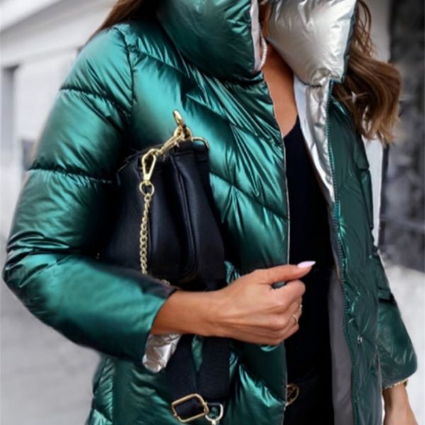 

women's down parkas light-reflecting jacket women winter warm bread parka short padded casual thick stand-callor oversized cotton coat, Black