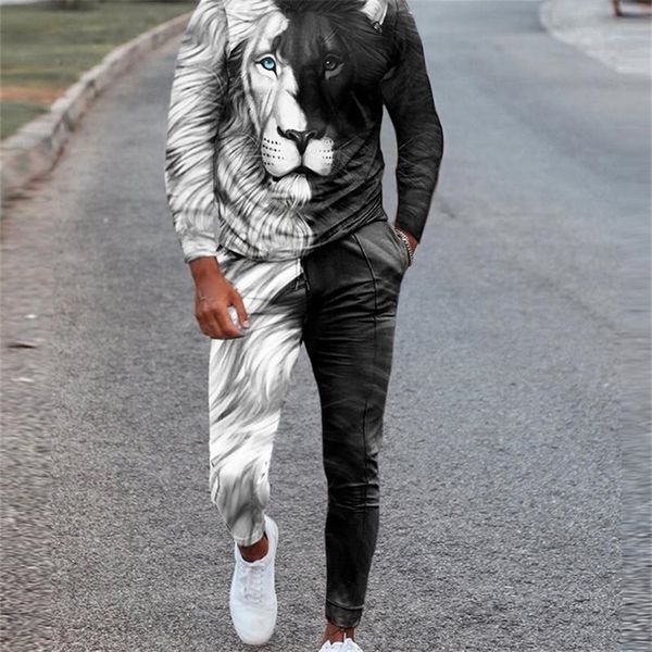 

men's tracksuits men's long sleeve t-shirt tracksuit 2 piece 3d printed retro black and white lion king style oversized tracksuit, Gray