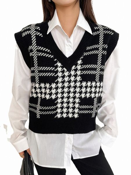 

two piece dress dazy houndstooth print sweater vest & solid shirt t0b3#, White