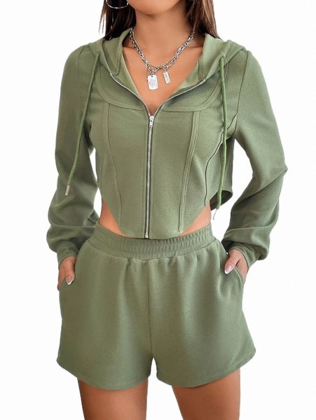 

two piece dress curved hem zip up hoodie tee & track shorts y7tc#, White