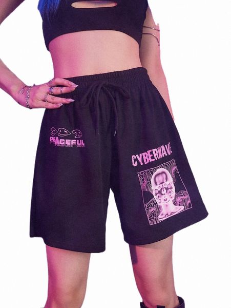 

women's shorts romwe cyber luvr figure graphic shorts l2jl#, White;black