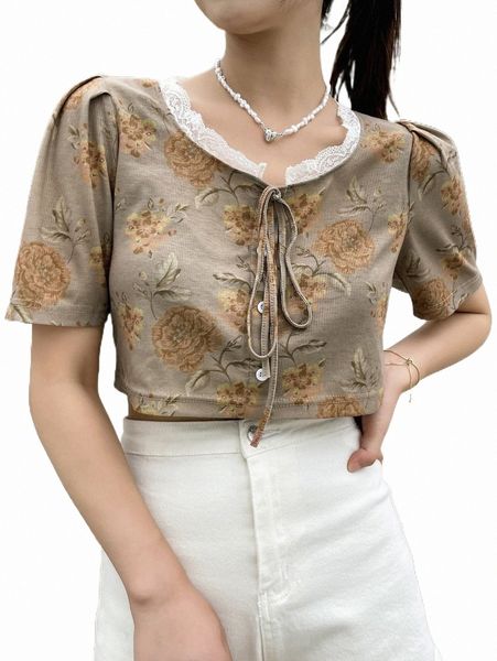 

women's t-shirt dazy lace trim tie front floral print tee v8st#, White